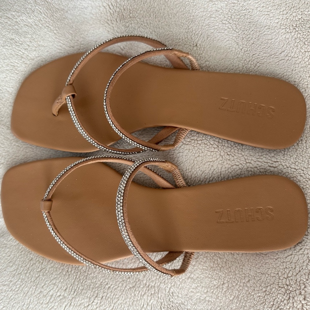 SCHUTZ CRYSTAL AND NUDE SIZE 9 STRAPPY FLAT SANDALS